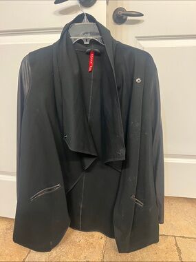 Spanx Black Draped Open Front Jacket faux leather trim